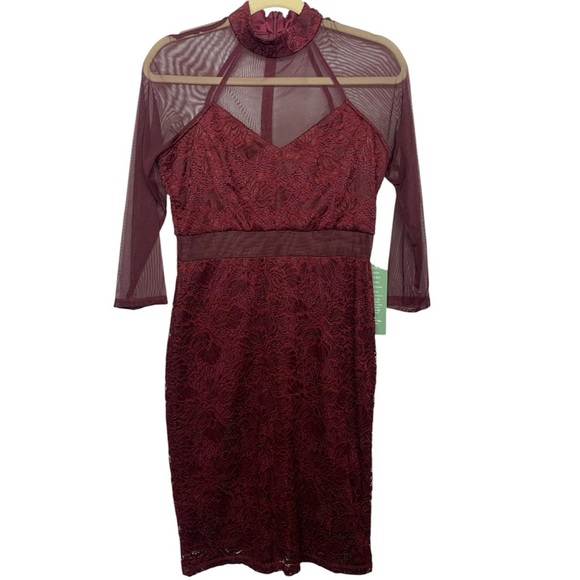 Blu Sage Burgundy Lace Dress with Sheer Details - Picture 1 of 11